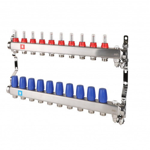 Коллектор, Premium, 1" х 3/4"ЕК, 10 выходов, в сборе с расходомерами, c дренажным краном и воздухоотводчиком