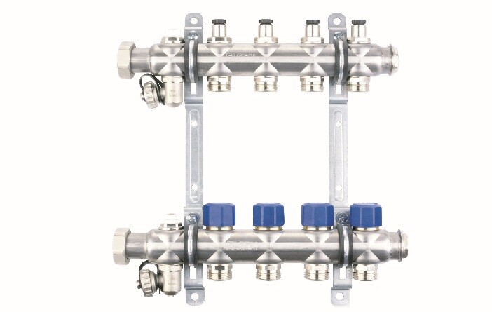 Коллекторная группа, 1", 9 контуров, размер отвода-3/4", с вентилями, нержавеющая сталь