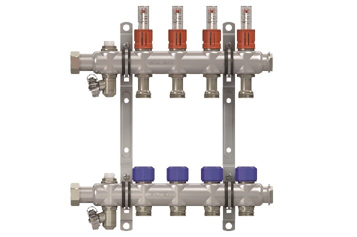 Коллекторная группа, 1", 5 контуров, размер отвода-3/4", с вентилями и расходомерами, нержавеющая сталь