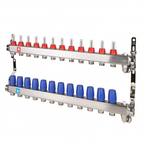 Коллектор, Premium, 1" х 3/4"ЕК, 12 выходов, в сборе с расходомерами, c дренажным краном и воздухоотводчиком
