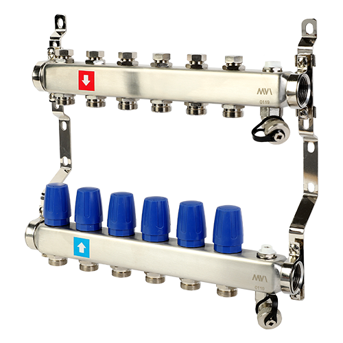 Коллектор, Premium, 1" х 3/4"ЕК, 6 выходов, в сборе без расходомеров, c дренажным краном и воздухоотводчиком