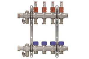 Коллекторная группа, 1", 9 контуров, размер отвода-3/4", с вентилями и расходомерами, нержавеющая сталь