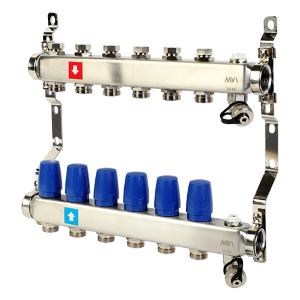 Коллектор, Premium, 1" х 3/4"ЕК, 6 выходов, в сборе без расходомеров, c дренажным краном и воздухоотводчиком